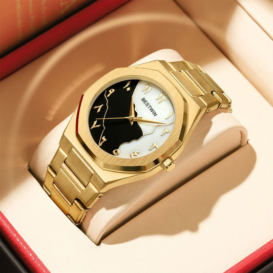 Gold watch with a unique face design on a beige surface