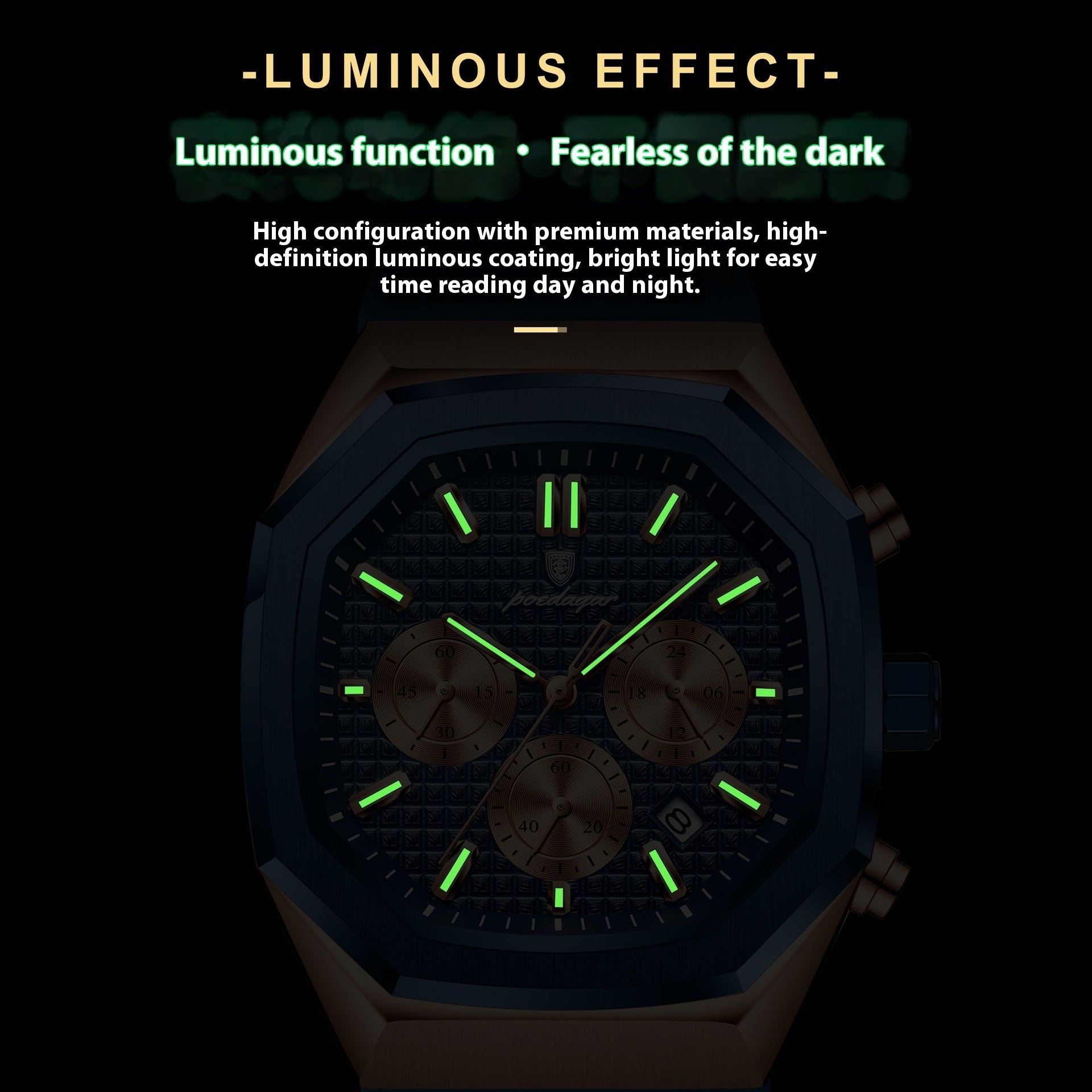 Watch with luminous effect in a dark setting