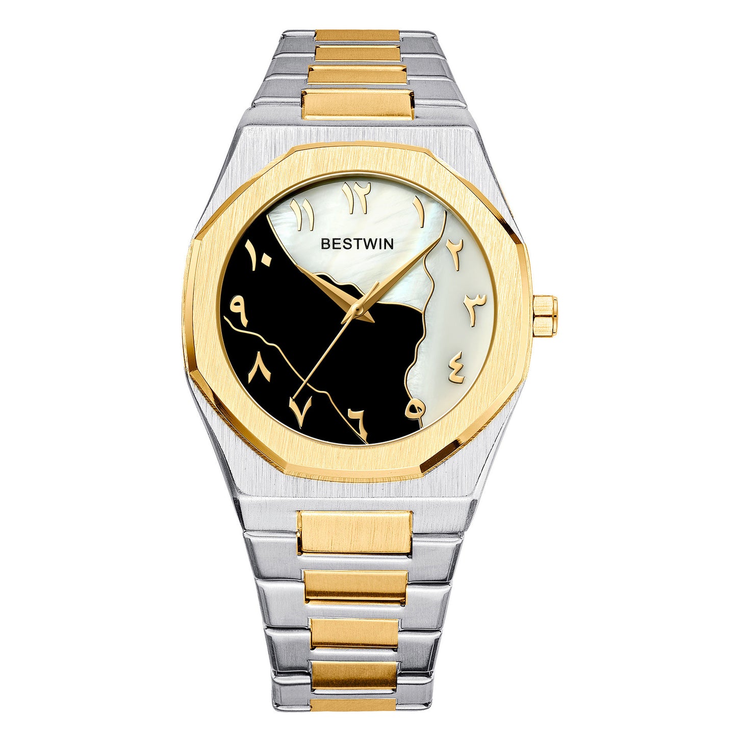 Two-tone silver and gold watch with a unique face design on a white background