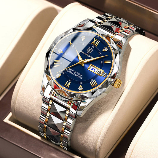 Luxury watch with a blue face and gold accents on a beige cushion