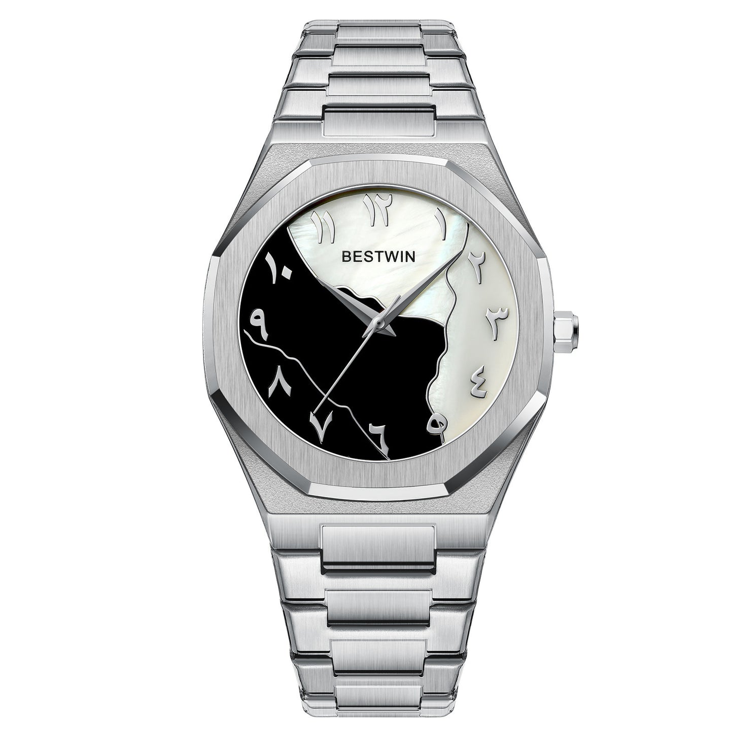 Silver watch with a black and white face on a white background