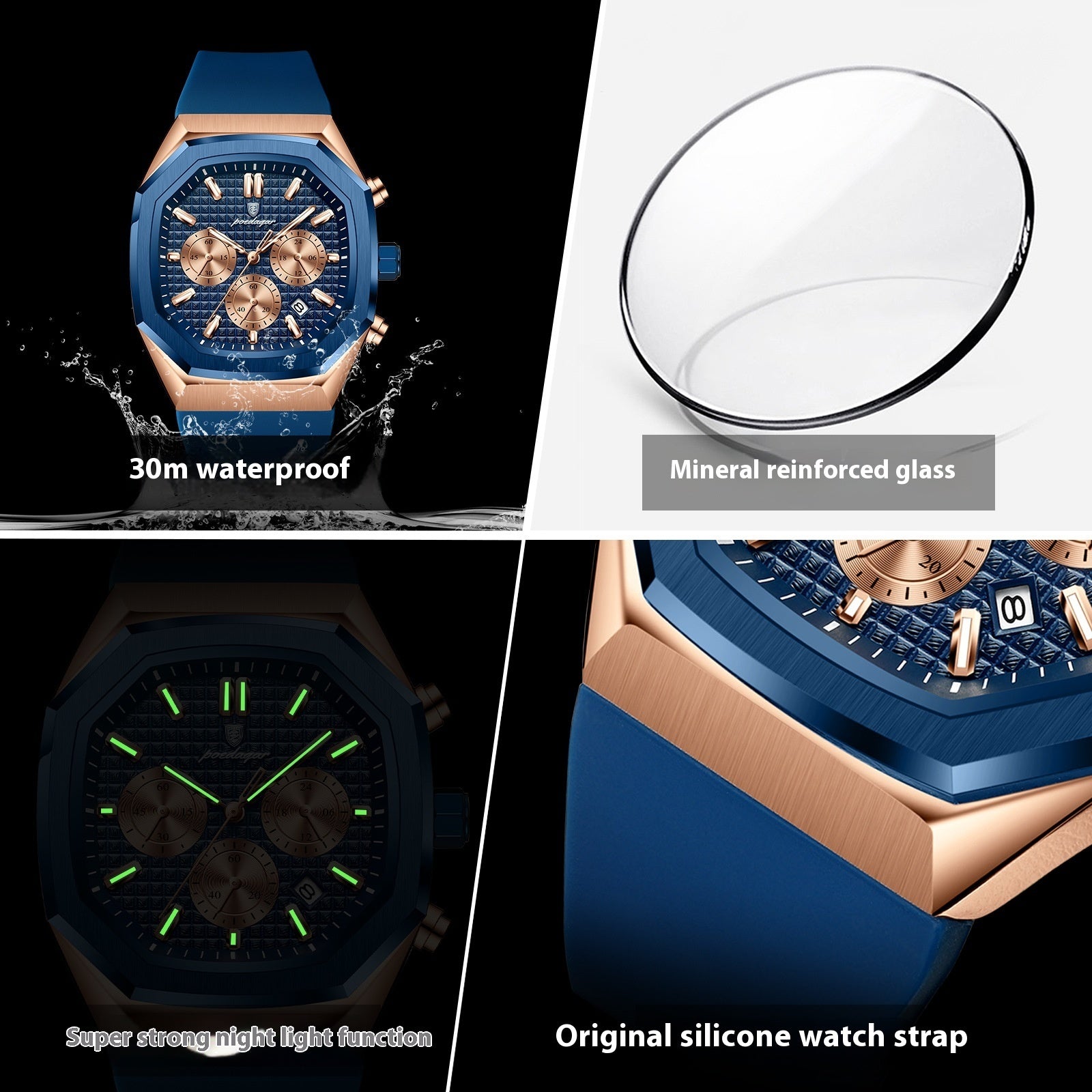 Collage of a blue and rose gold watch with features highlighted on a black background.