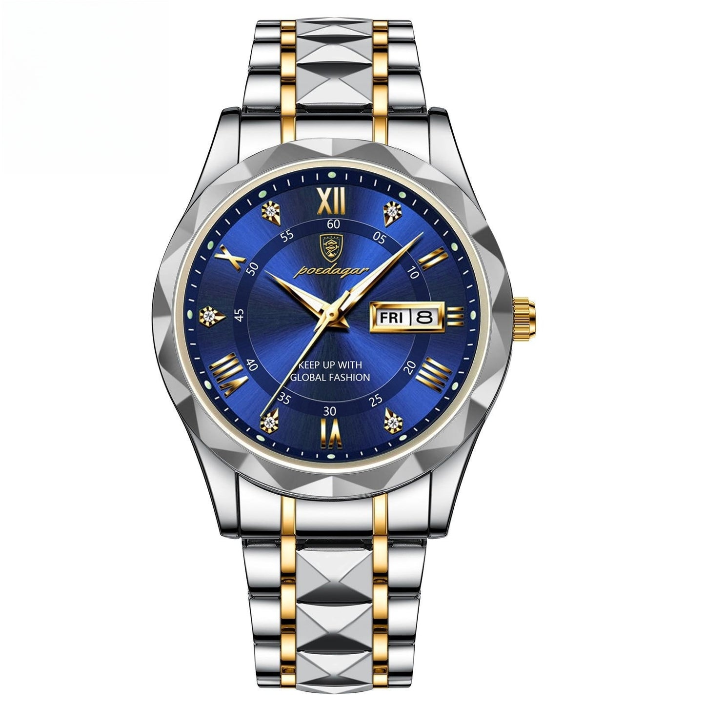 Watch with blue dial and silver and gold band on white background
