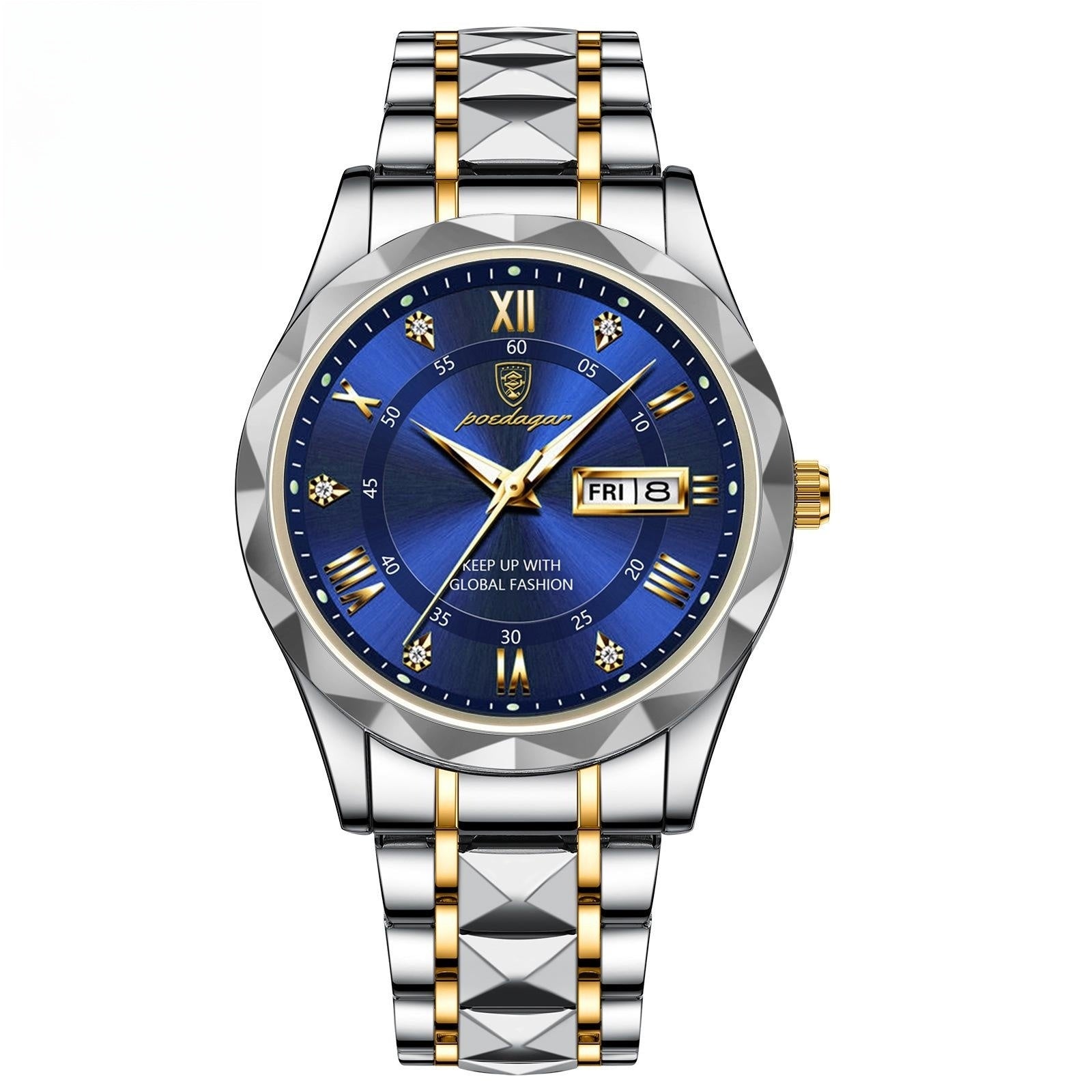 Watch with blue dial and silver and gold band on white background