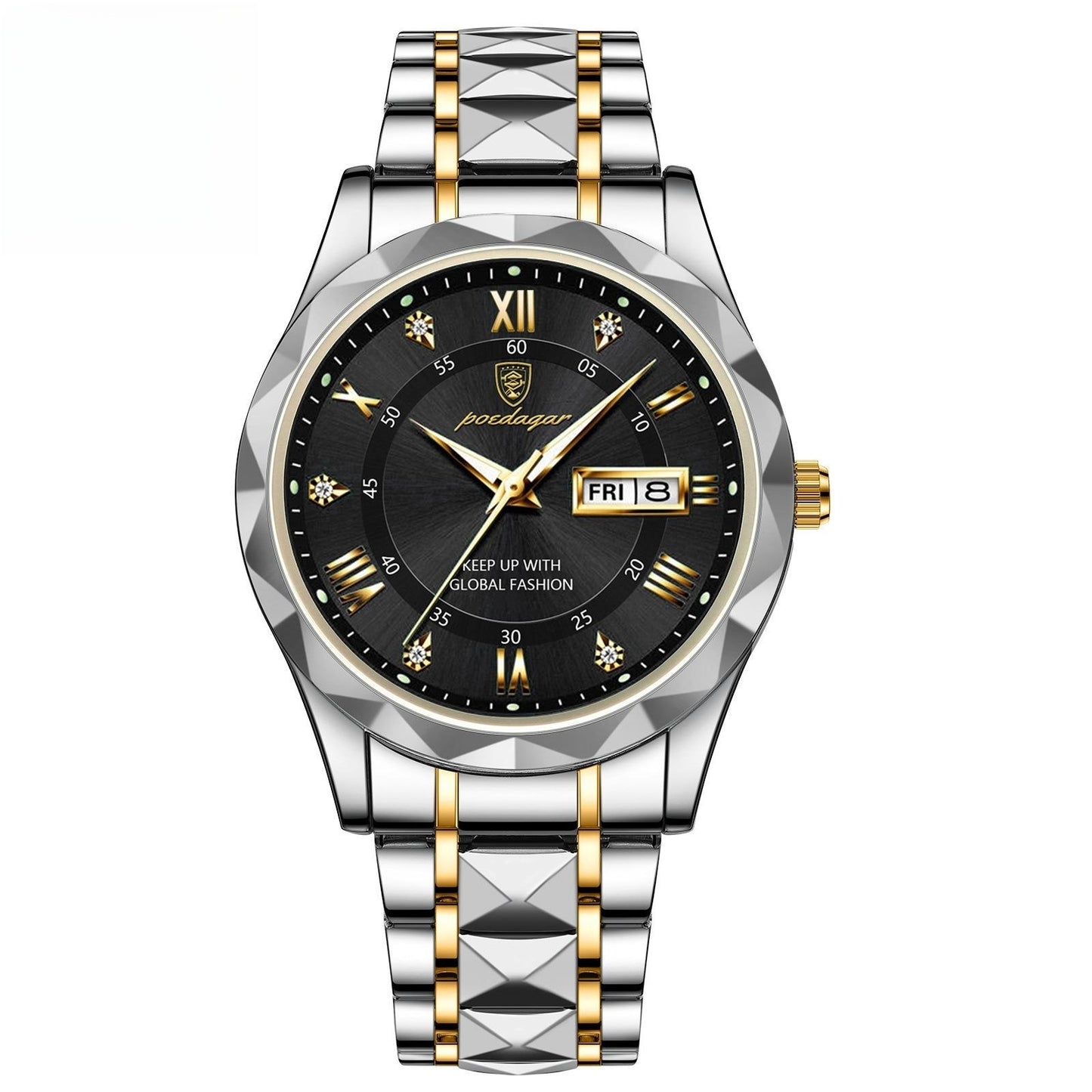 Luxury watch with black dial and gold accents on a white background