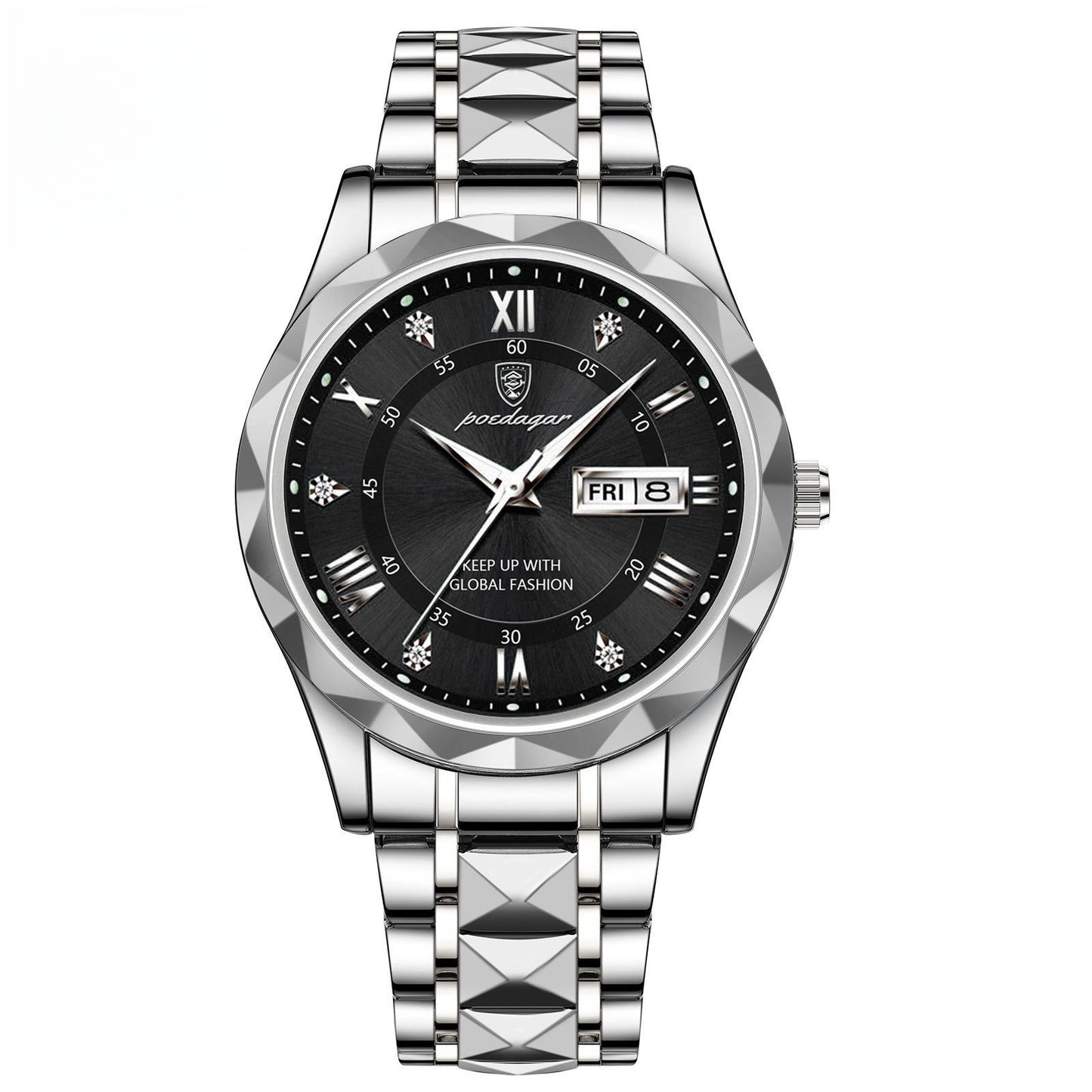 Silver watch with black dial on a white background