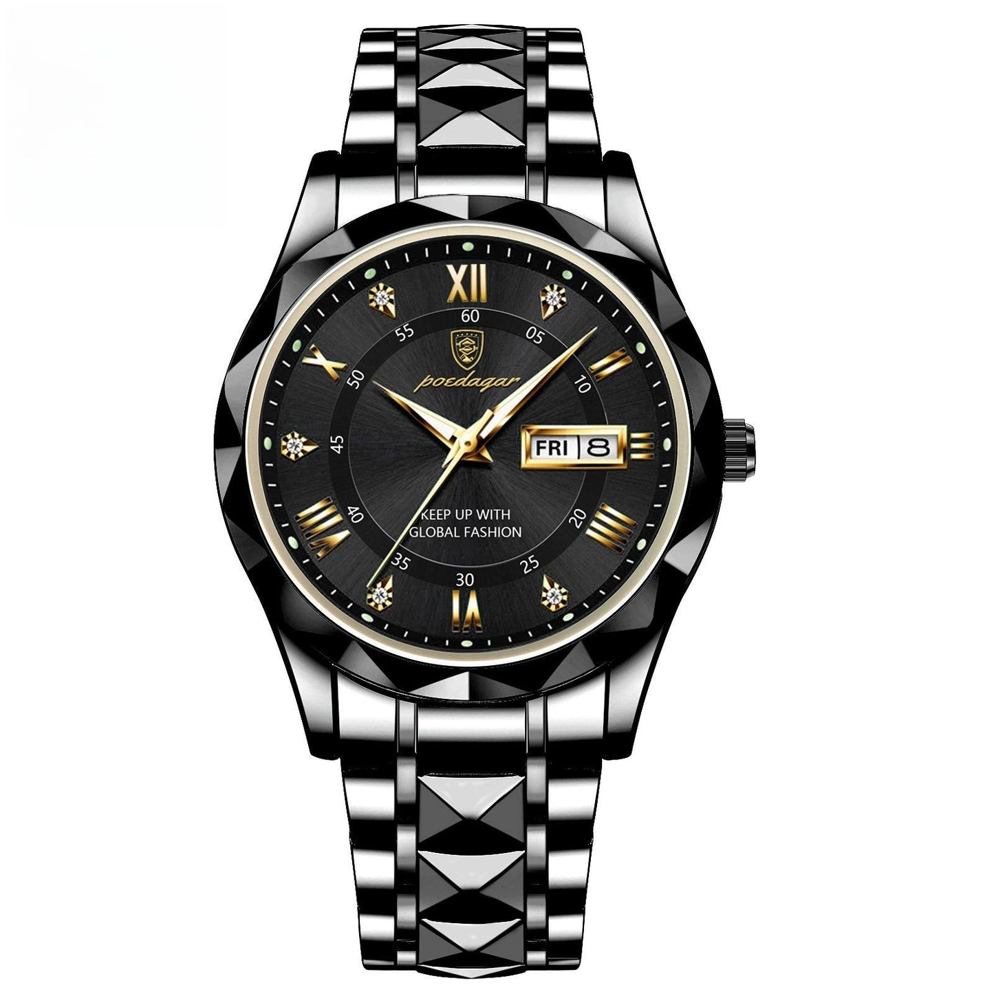 Luxury watch with black dial and diamond-studded band on a white background