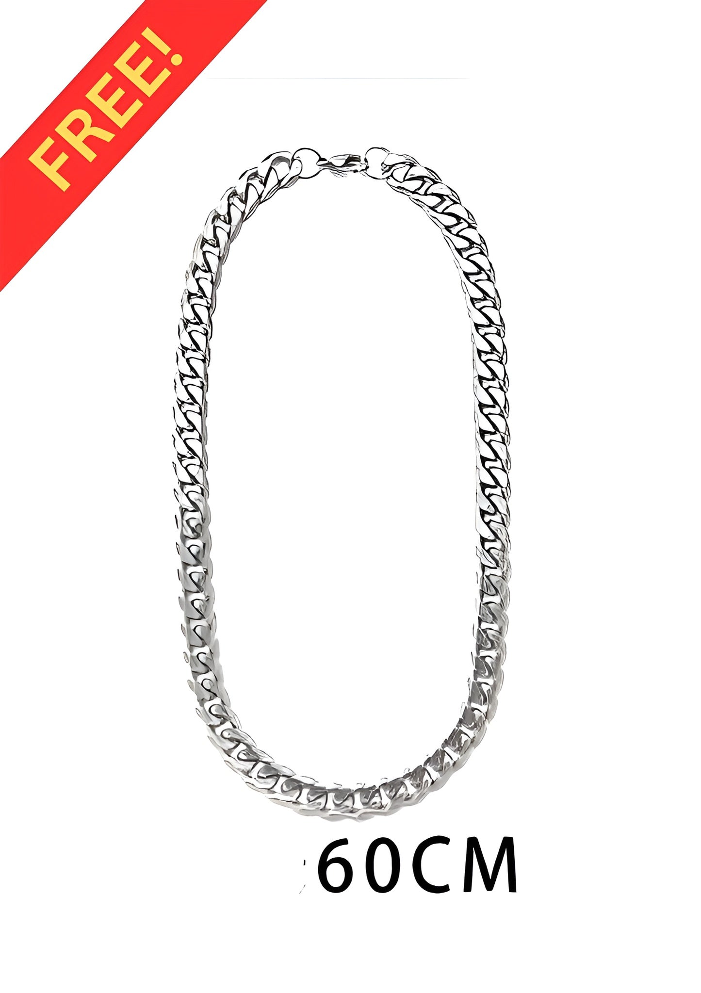 Silver chain necklace with '60CM' label on a white background