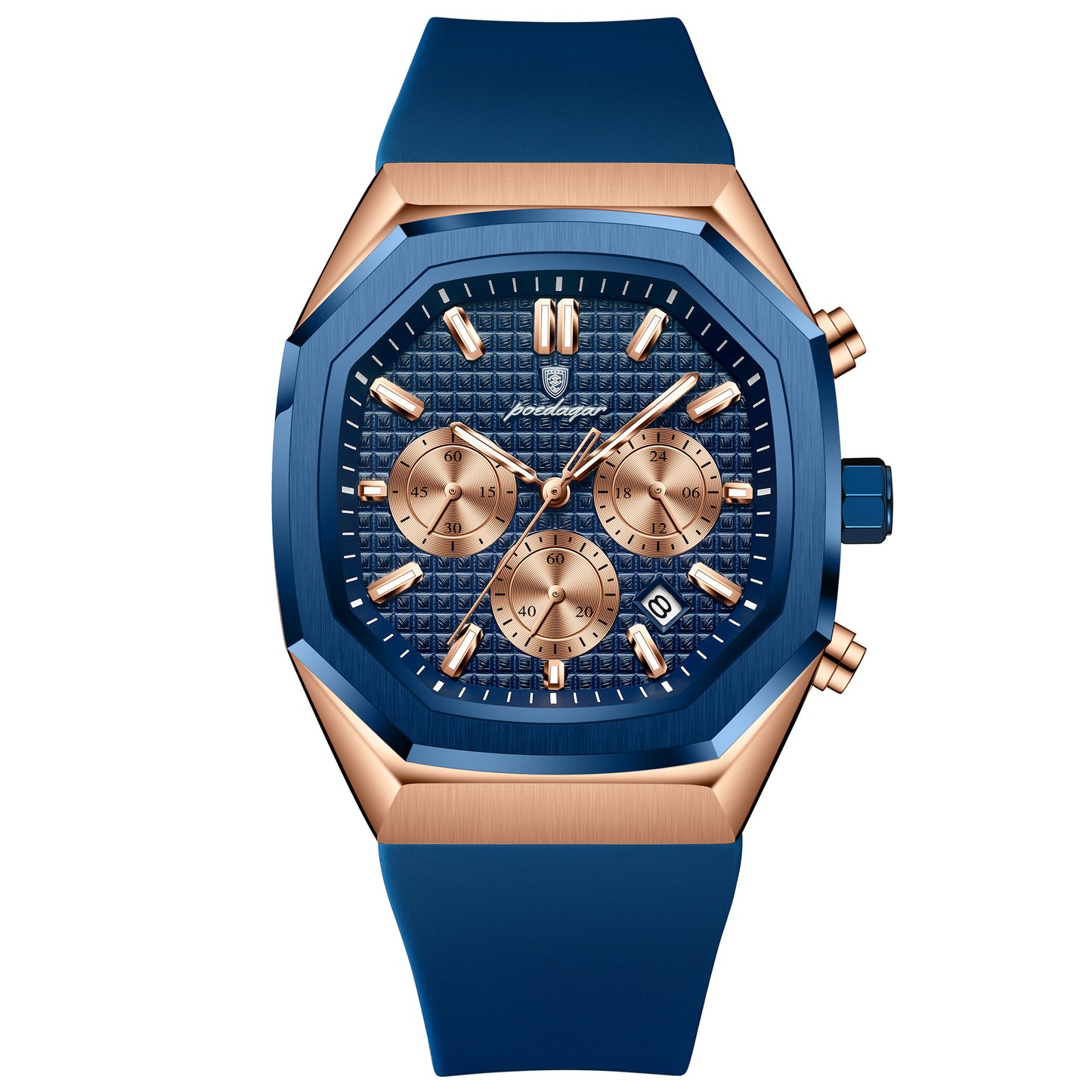 Luxury watch with blue strap and rose gold case on white background