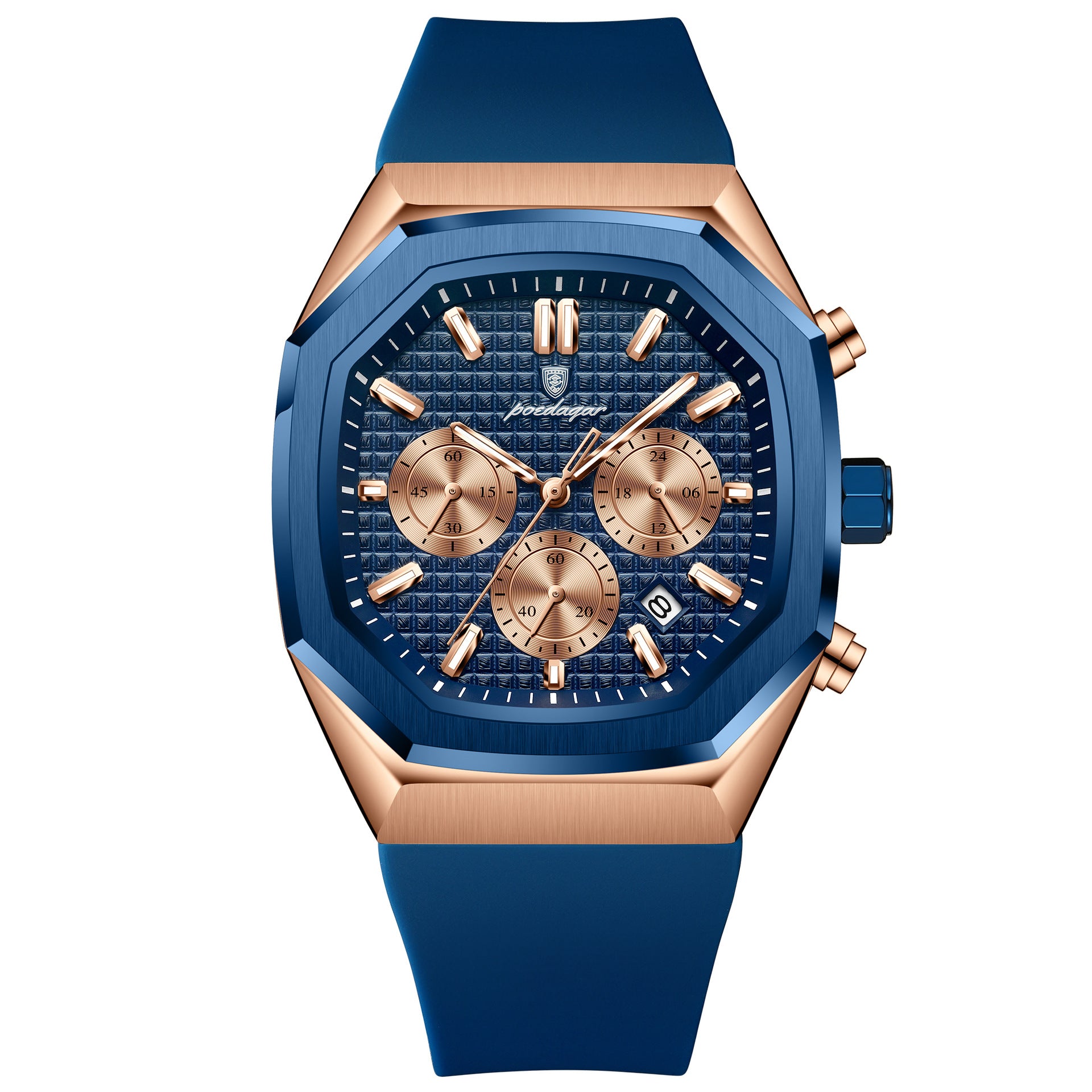 Luxury watch with blue strap and rose gold case on white background