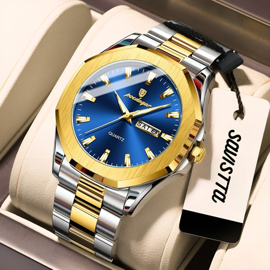 Luxury watch with gold and silver band on a beige cushion, brand tag visible