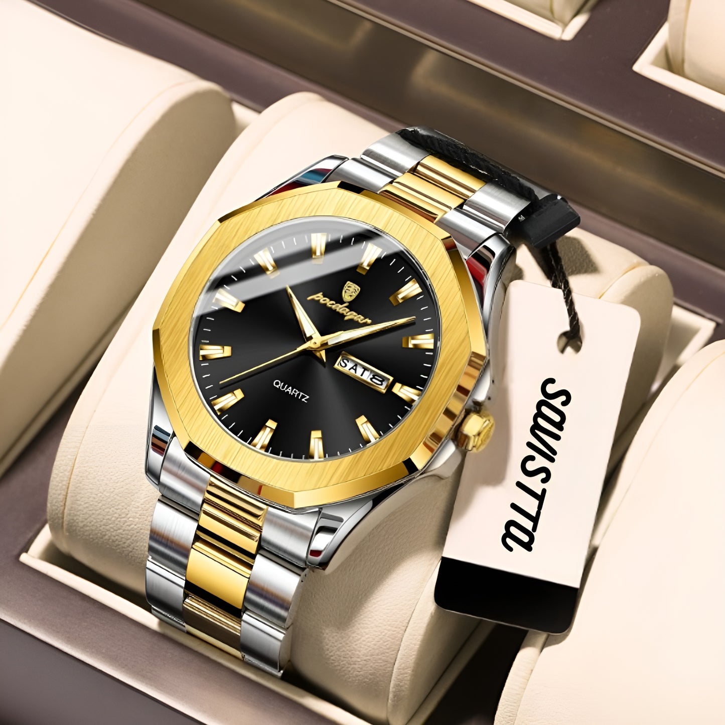 Luxury watch with gold and silver band on a beige cushion, brand tag visible