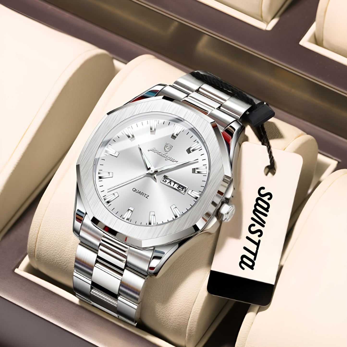 Silver watch with a visible brand tag on a beige cushion