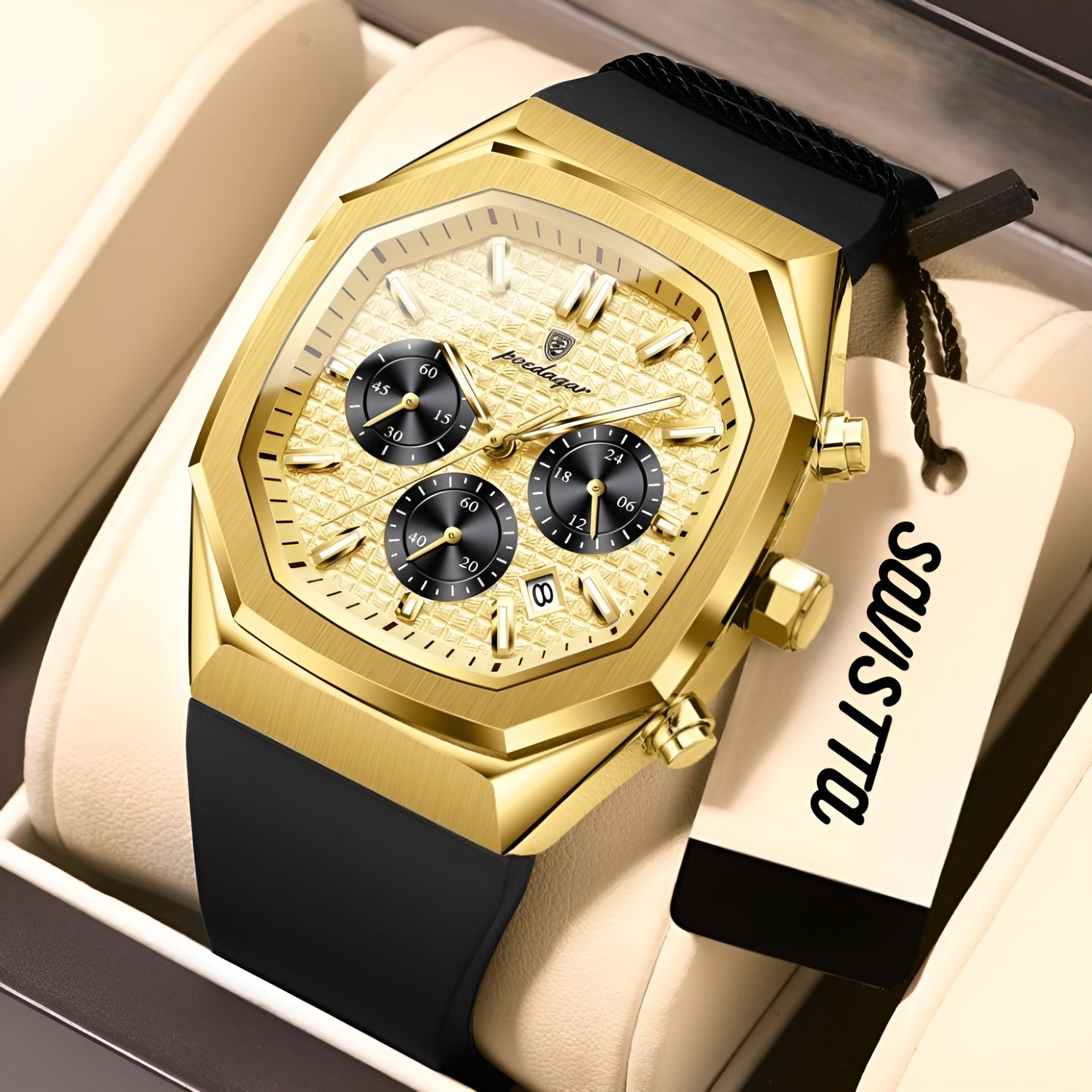 Luxury gold watch with black strap in a box, featuring the brand name 'Poedagar'.