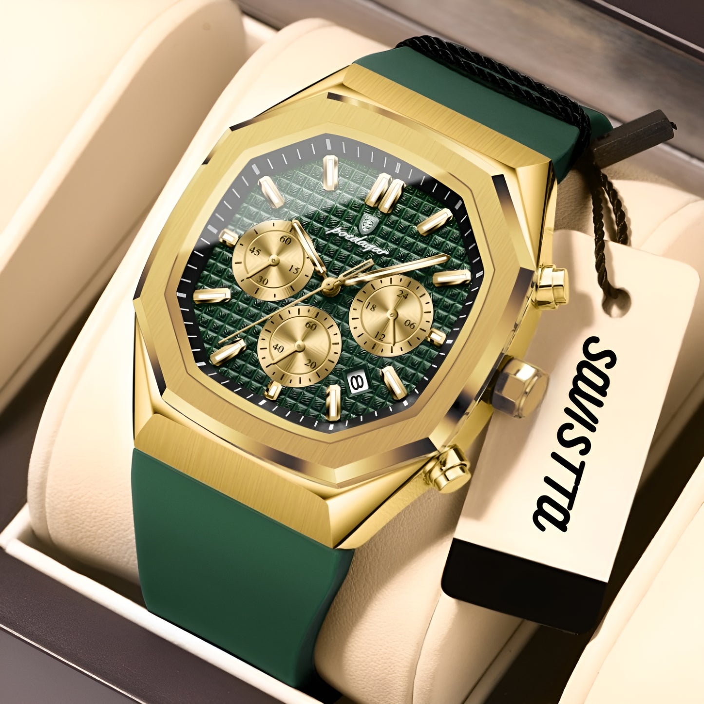 Gold and green watch with a visible brand tag on a beige cushion