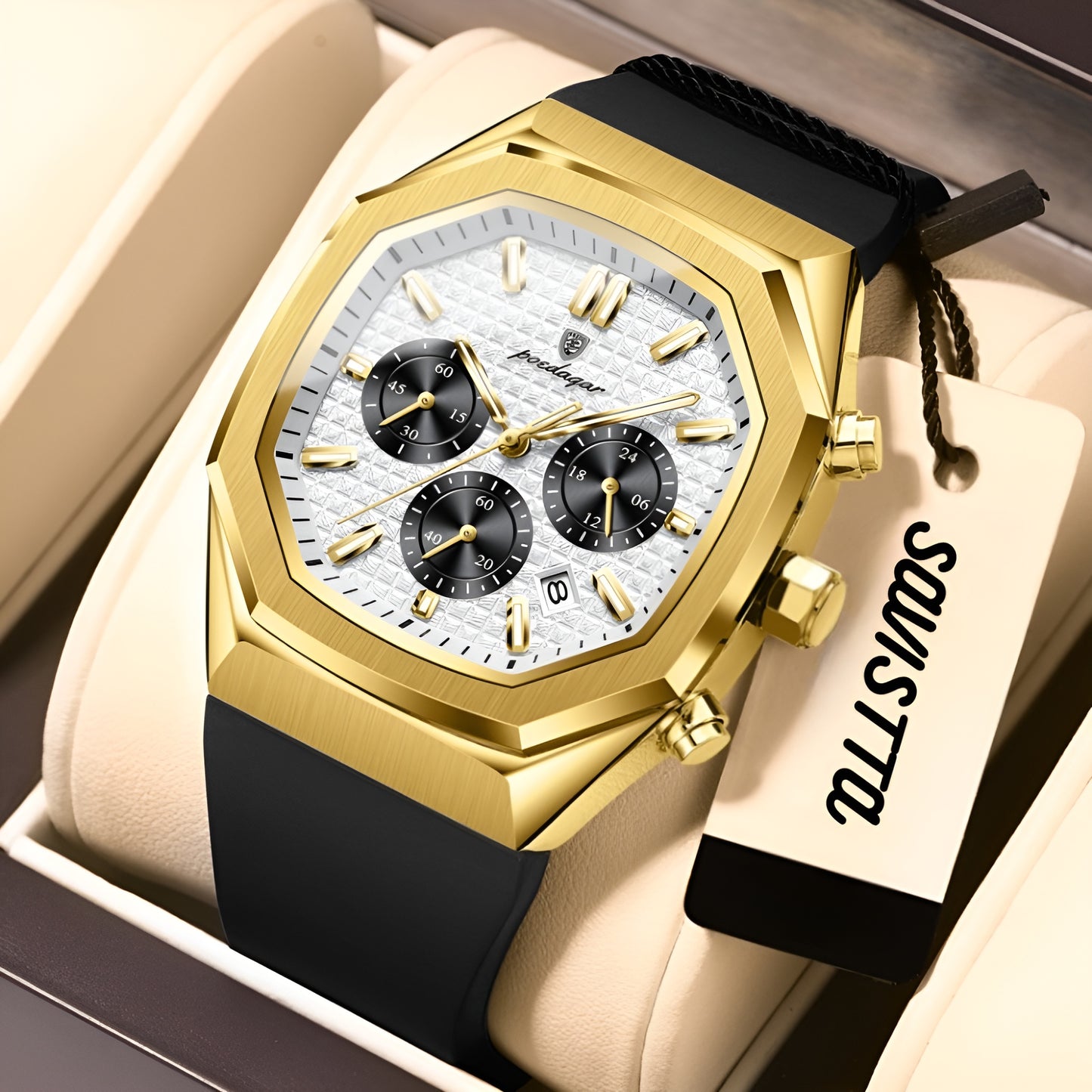 Luxury watch with gold case and black strap on a beige cushion, brand tag visible