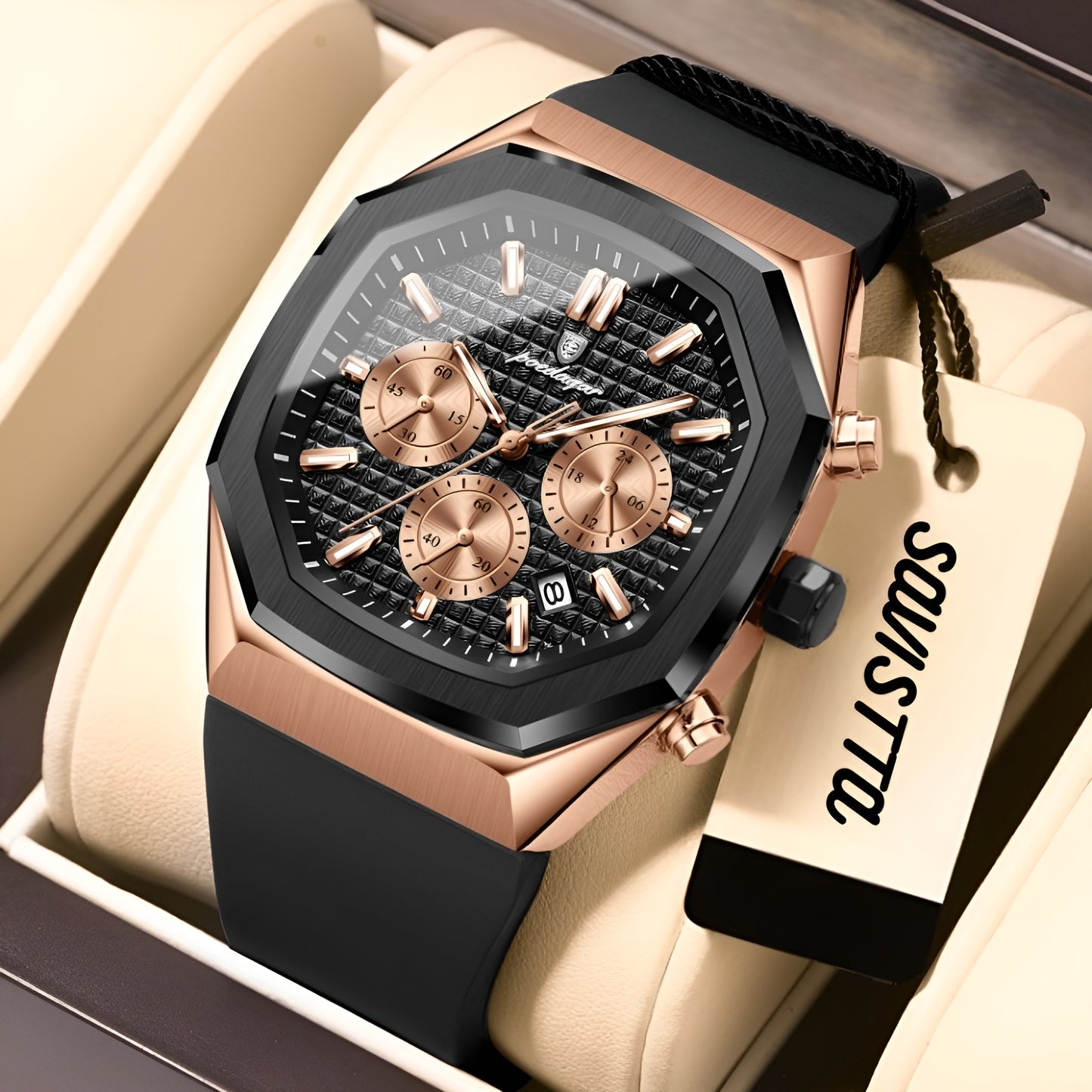 Luxury watch with black and rose gold design in a box, featuring the brand name 'Poedagar'