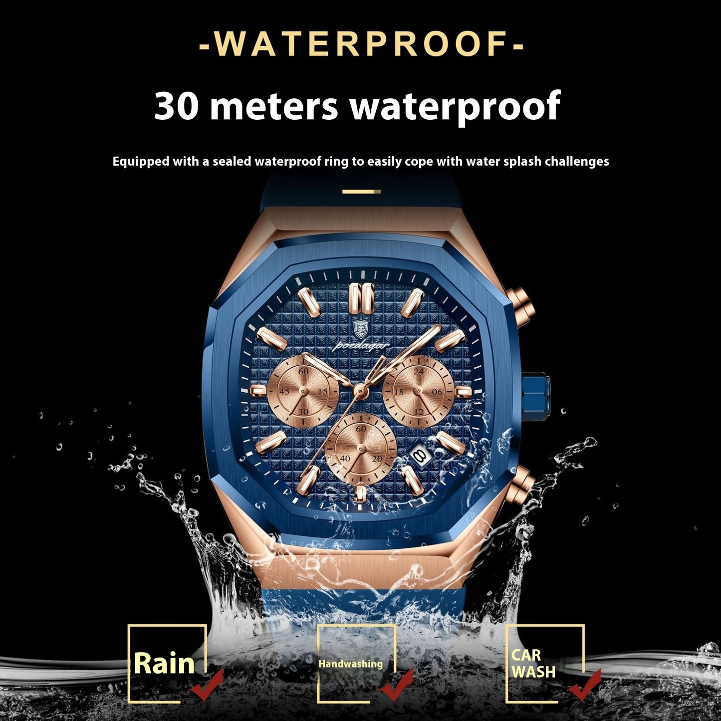 Luxury watch with blue and rose gold design, water splashing around it, on a black background.