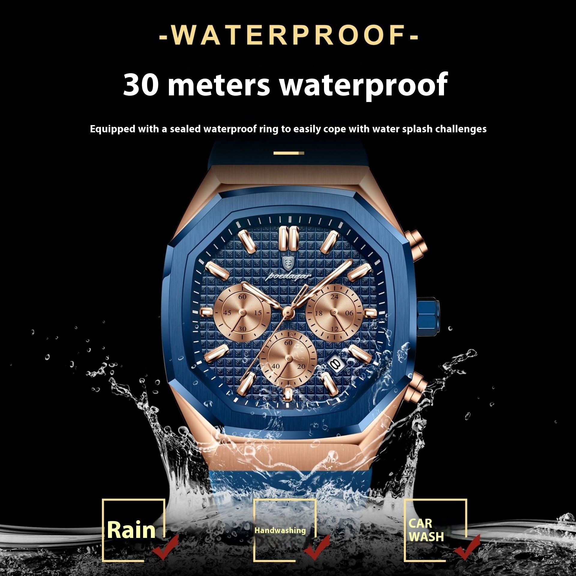 Luxury watch with blue and rose gold design, water splashing around it, on a black background.