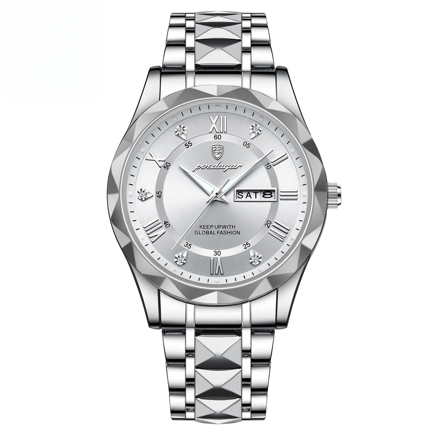 Silver wristwatch with diamond-studded face on a white background