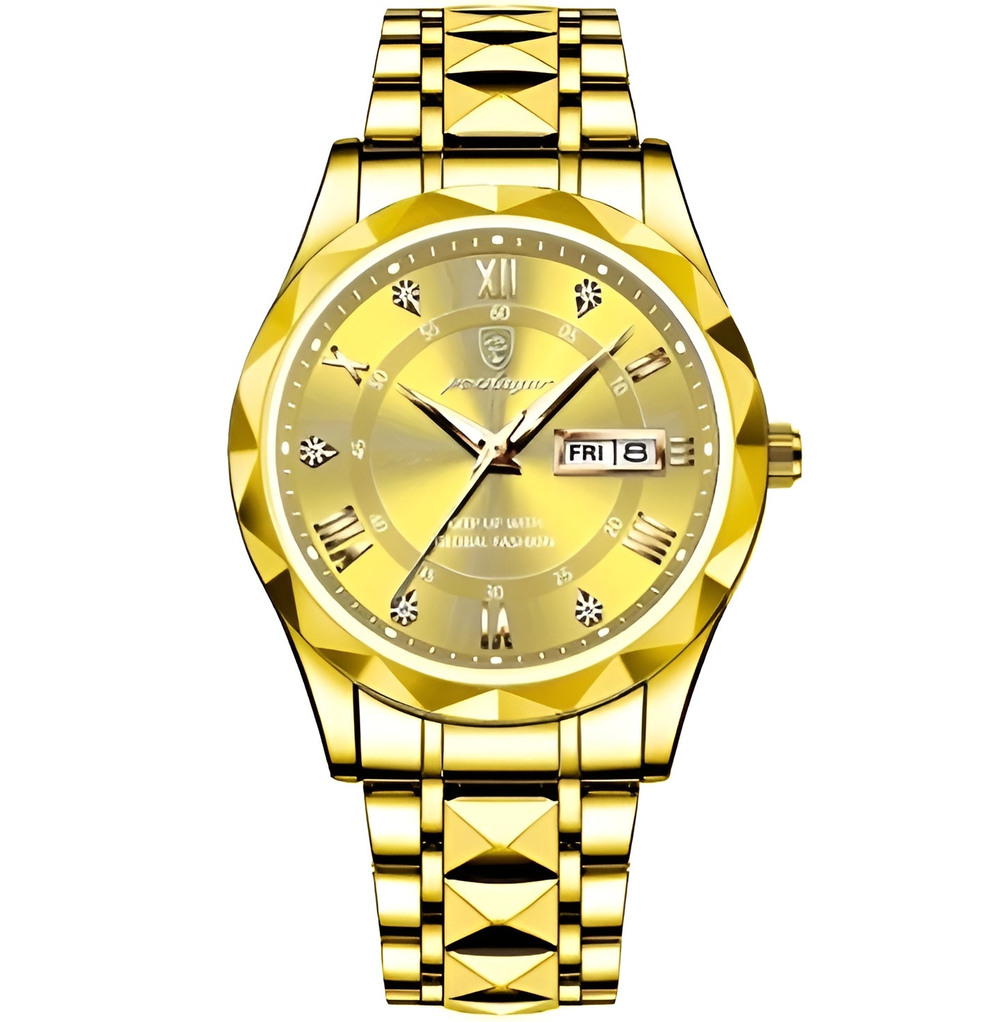 Gold wristwatch with diamond-studded face on a white background