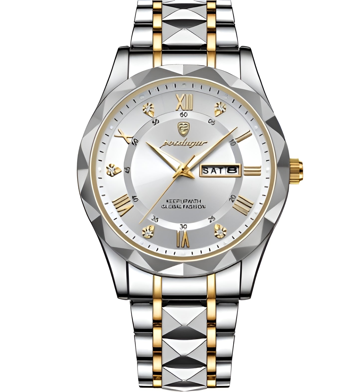 Silver and gold watch with a white face on a white background