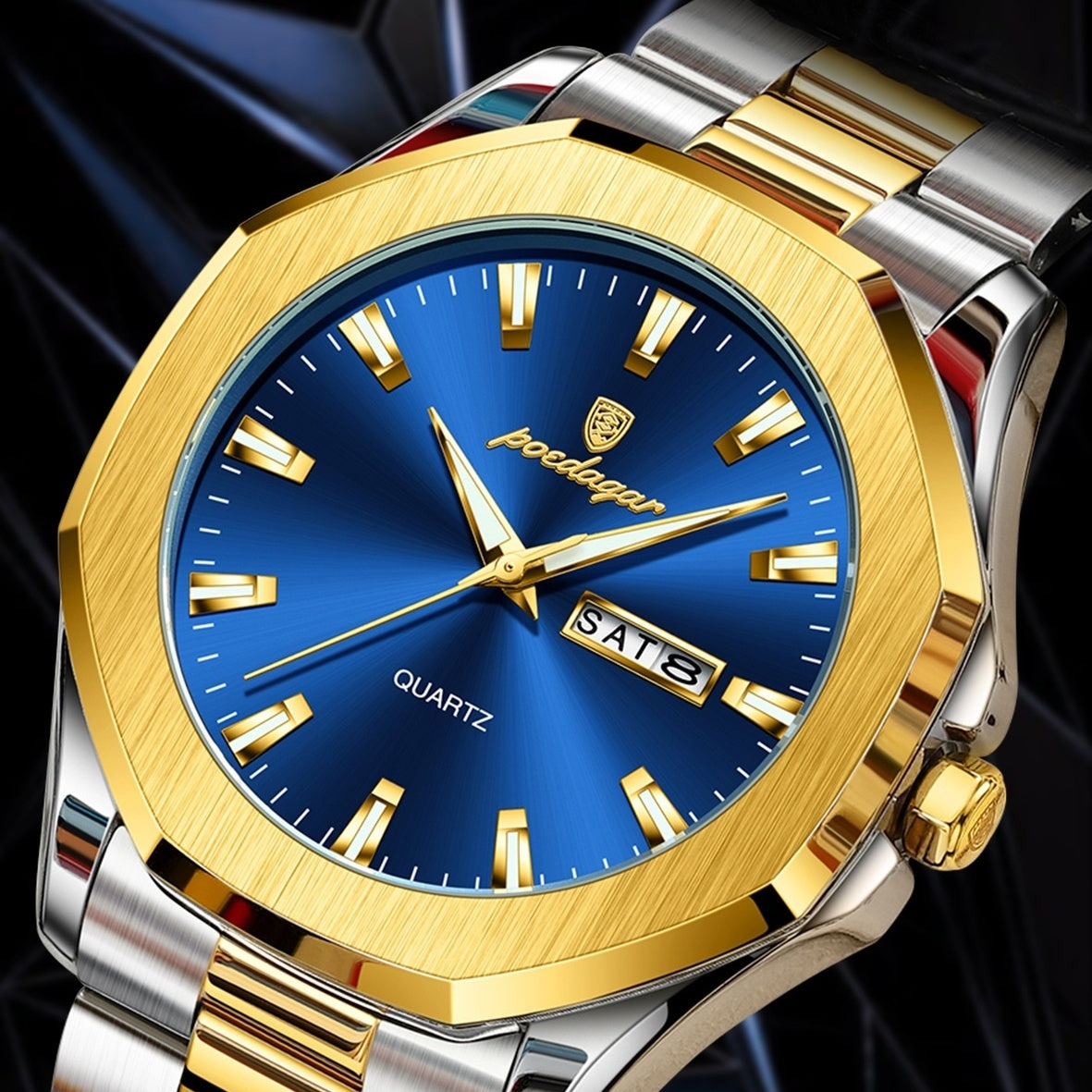 Luxury watch with gold and silver band and blue dial on a dark background