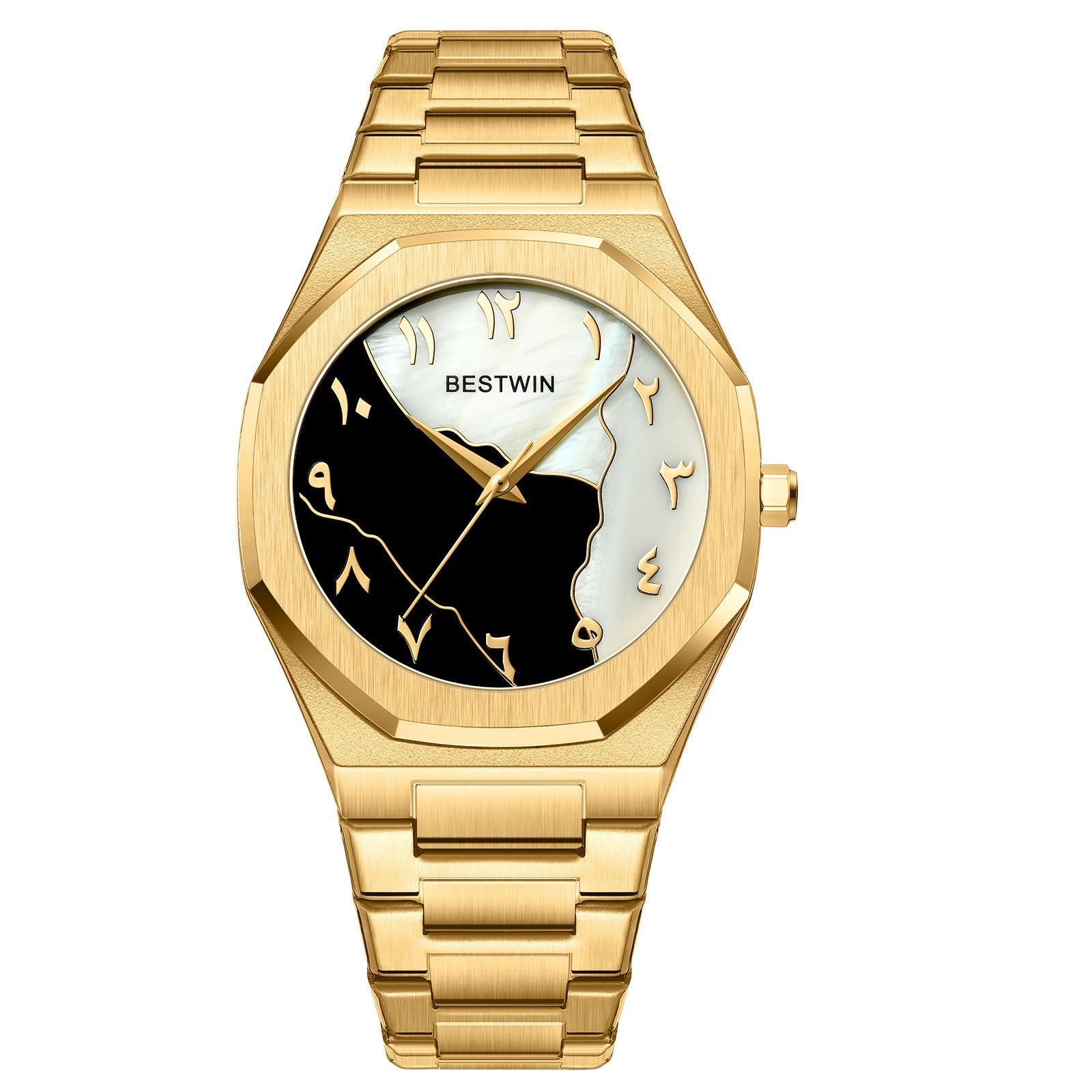 Gold watch with a black and white face on a white background