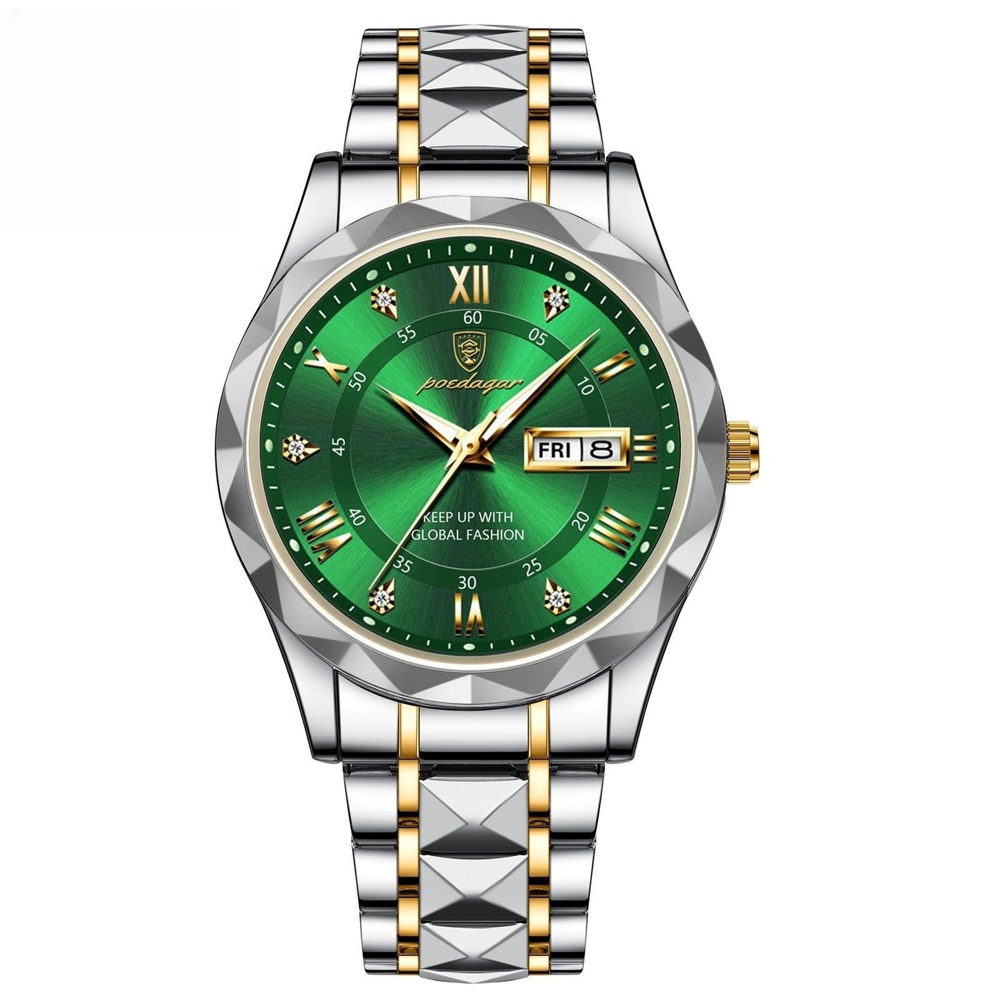 Wristwatch with green dial and silver and gold band on white background